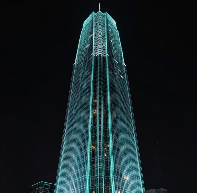 A high-resolution digital twin wireframe model of a modern skyscraper showing structural stress points in glowing cyan lines over an obsidian background, high-contrast chiaroscuro