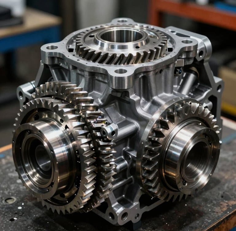 Macro shot of clean disassembled automatic transmission gear set, high-contrast workshop lighting, metallic reflections, 35mm