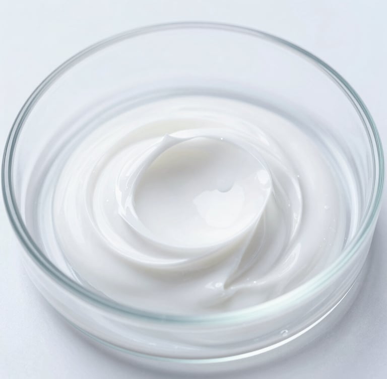 Macro close-up of a smooth, white cosmetic cream texture in a sterile lab dish, bright high-key studio lighting, cool white tones, sharp focus, clean clinical aesthetic.