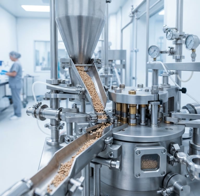 Close-up of stainless steel veterinary supplement manufacturing equipment in a bright, high-key cleanroom, cool white tones, sharp focus.
