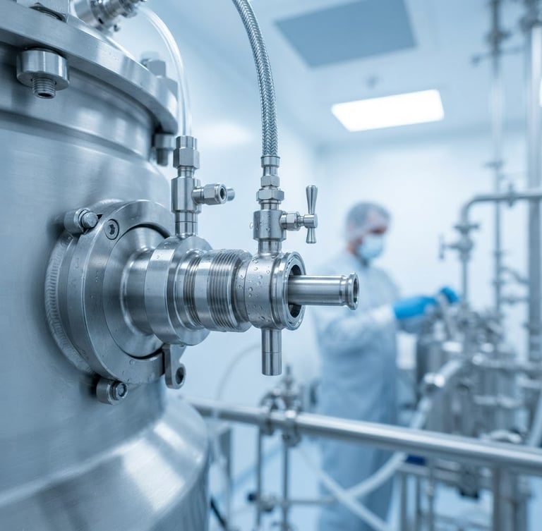 Macro close-up of a high-precision stainless steel bioreactor nozzle in a sterile white cleanroom, cool blue tones, sharp focus, 35mm