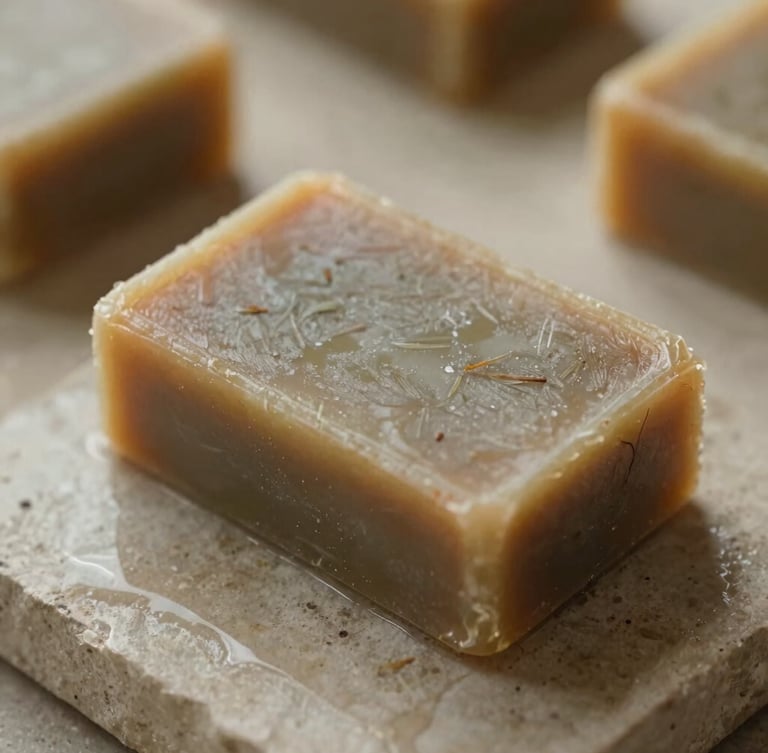 Close-up macro of a textured herbal shampoo bar on a wet stone surface, soft natural morning light, warm earthy tones, organic botanical ingredients blurred in background