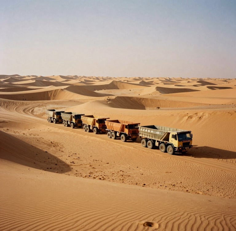 Wide-angle industrial film photograph of a heavy transport convoy crossing vast Saharan sand dunes at golden hour, high-contrast steel and warm ochre tones, 35mm.