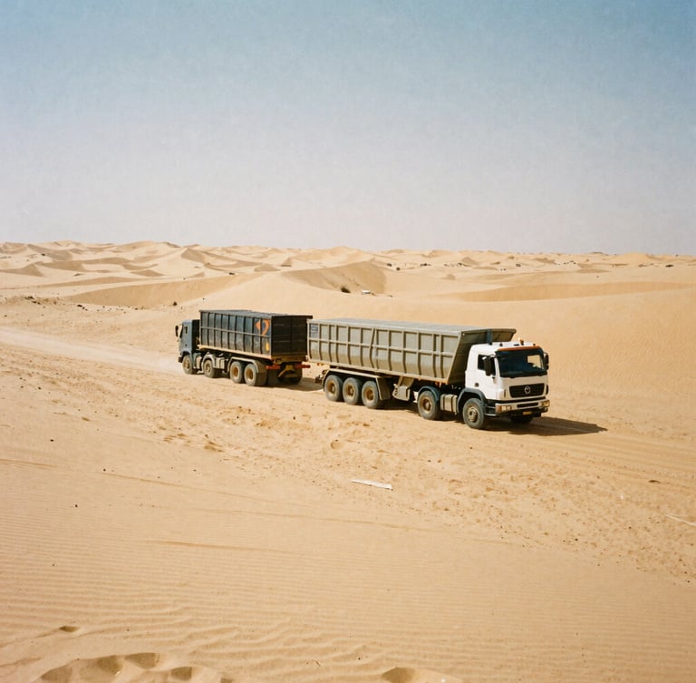 Wide shot of a heavy transport logistics convoy traversing vast Saharan sand dunes under harsh midday desert sun, industrial film photography style, 35mm.