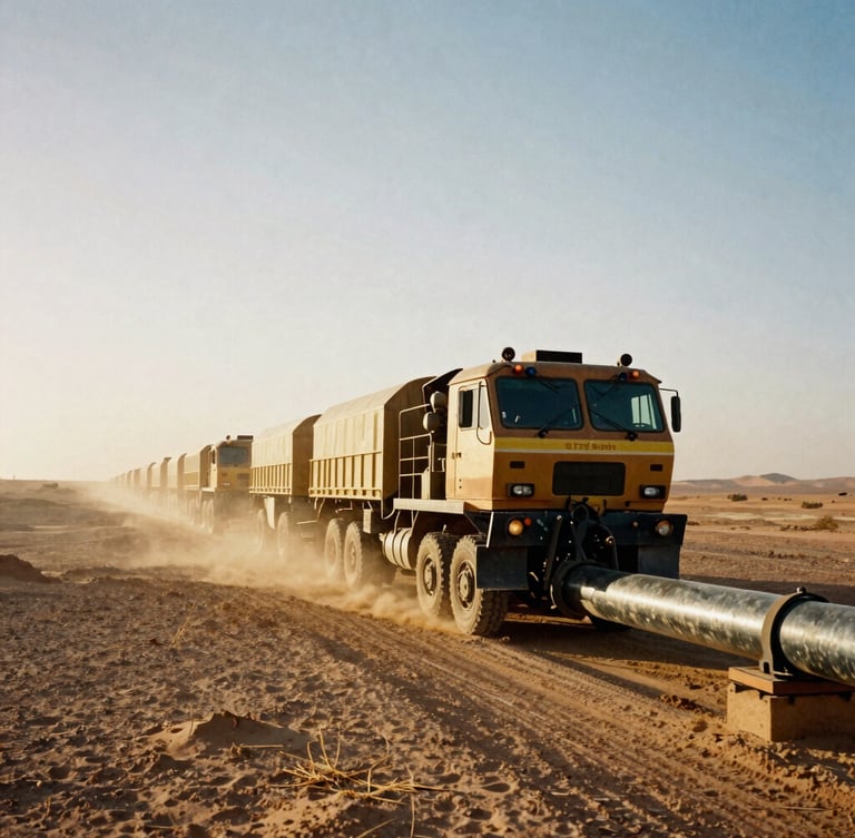 Wide-angle industrial film photograph of a heavy desert logistics convoy moving along a pipeline corridor in the Sahara, harsh golden hour sunlight highlighting dust and steel, 35mm.