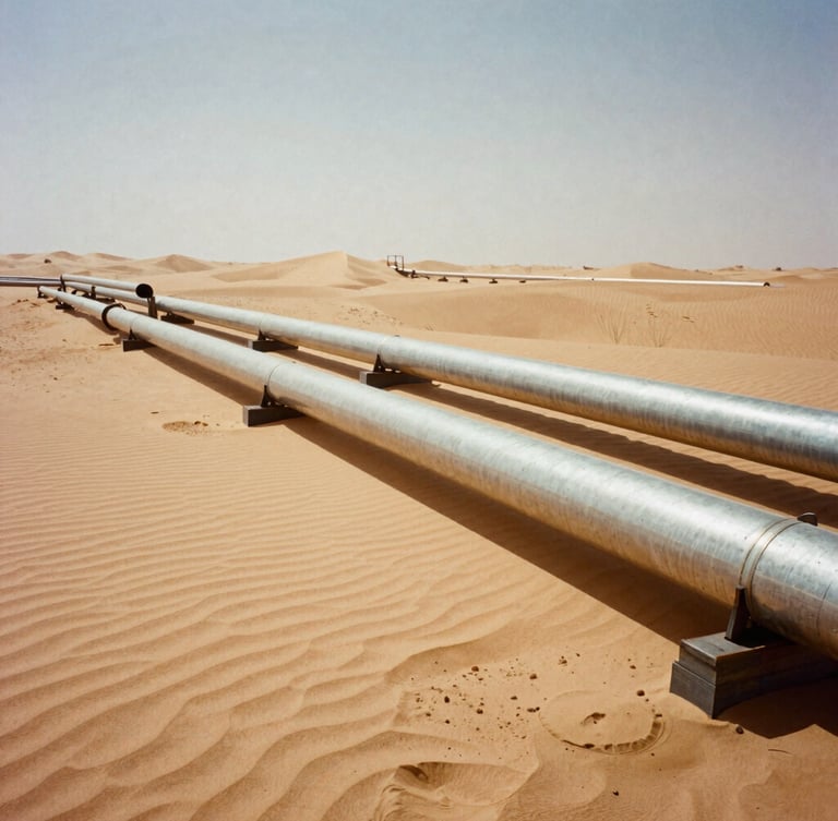 Wide-angle industrial film photography of high-pressure steel pipelines crossing sand dunes under harsh desert sunlight, warm ochre tones, 35mm