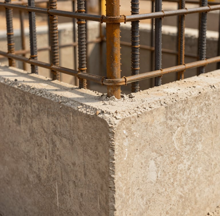 Close-up of industrial concrete joint and structural steel reinforcement, warm architectural photography, sharp focus, natural daylight