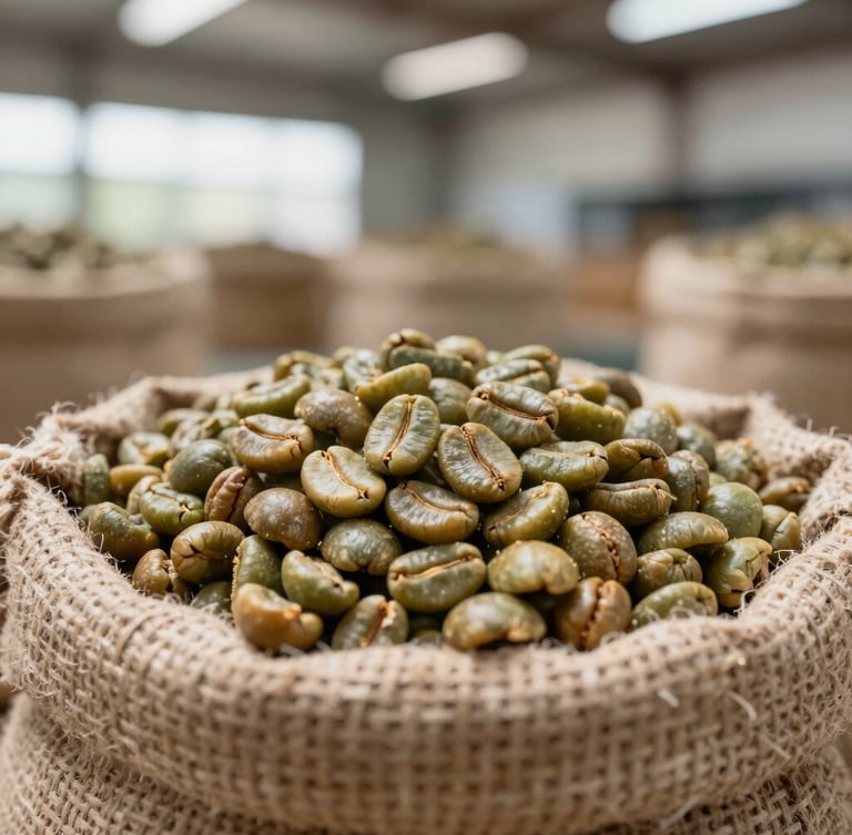 Macro close-up of green coffee beans in rustic jute sacks inside a clean, well-lit warehouse, natural side light casting soft textures
