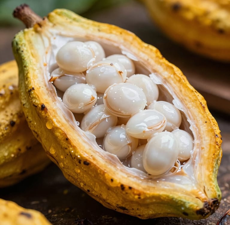 Macro close-up of a ripe yellow cacao pod cut open, revealing wet white beans inside, natural jungle light