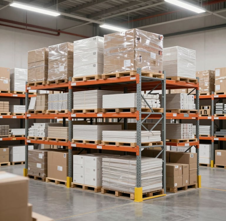 An organized modern warehouse interior with high shelves, neatly stacked boxes and building materials, bright uniform studio lighting, clean industrial aesthetic
