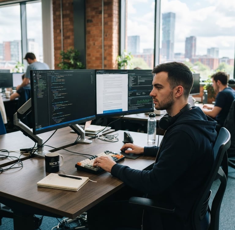 Sharp 35mm editorial photo of a modern Manchester software engineering office, bright natural light, dual-monitor setup displaying clean code and travel API integrations, shallow depth of field.