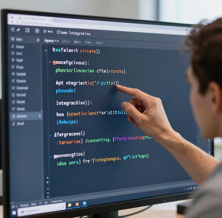Close-up of a professional developer analyzing clean API integration code on a vertical screen, soft cool-toned office ambient light, sharp focus, 35mm.