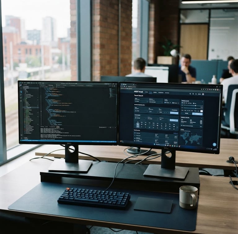 A sharp, close-up 35mm editorial photograph of a dual-monitor setup in a bright Manchester office. Cool slate and navy tones dominate, with clean code and travel booking interfaces visible on screen under soft natural daylight.