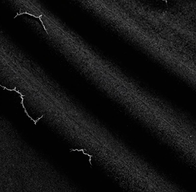 Extreme close-up of heavy black cotton fabric texture with raw, frayed edges, cast in dramatic high-contrast sunlight and deep shadows, moody monochrome 35mm film