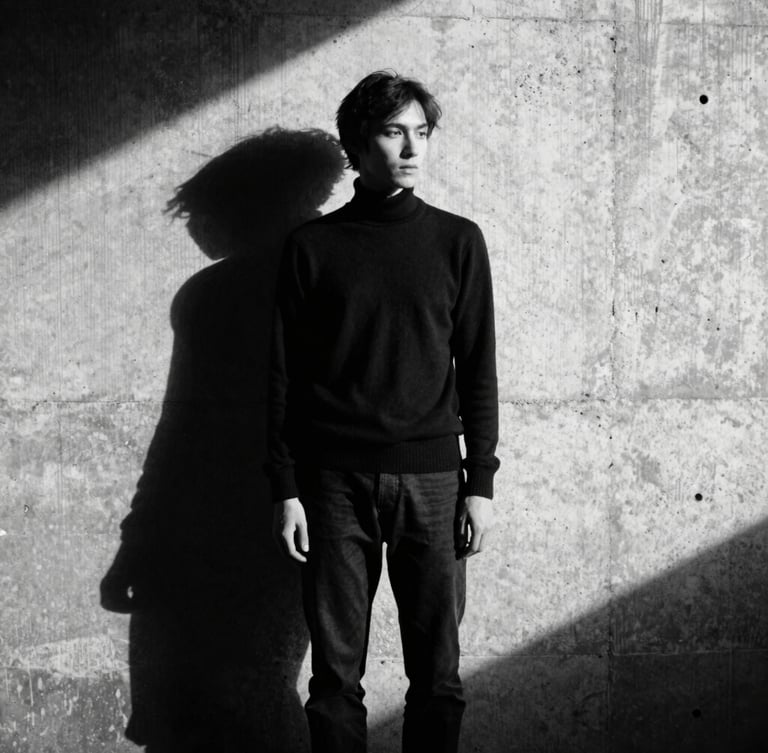 Moody monochrome shot of a model standing in a contemplative pose against a raw concrete wall, harsh shadows, 35mm film