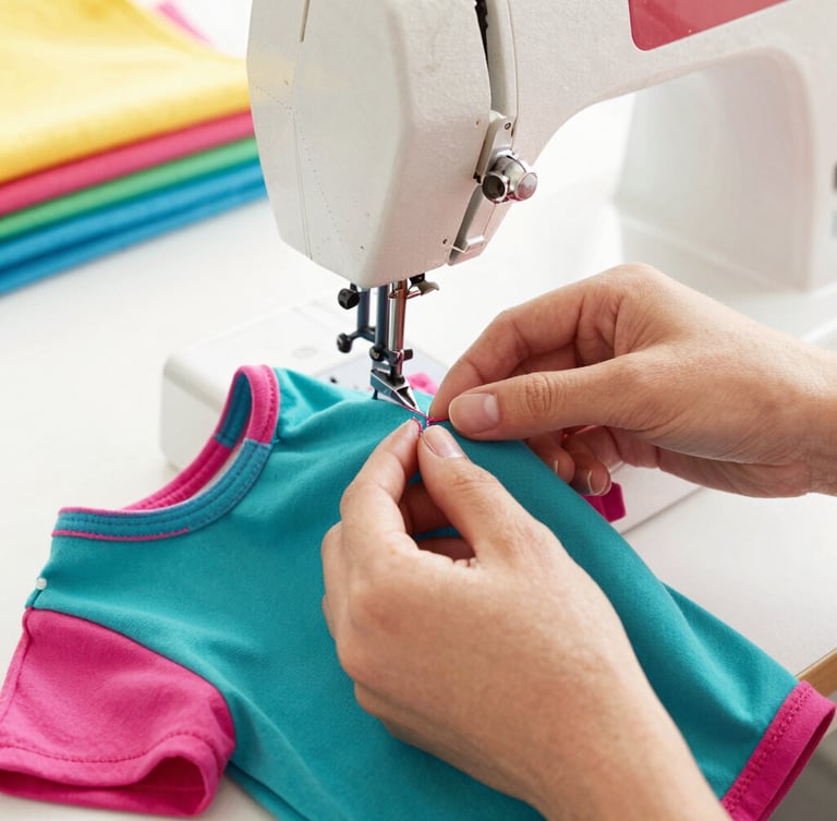 Close-up of hands carefully stitching a colorful teal and magenta pet shirt in a bright sunlit workshop, sewing machine and fabrics in the background, warm atmosphere, 50mm.