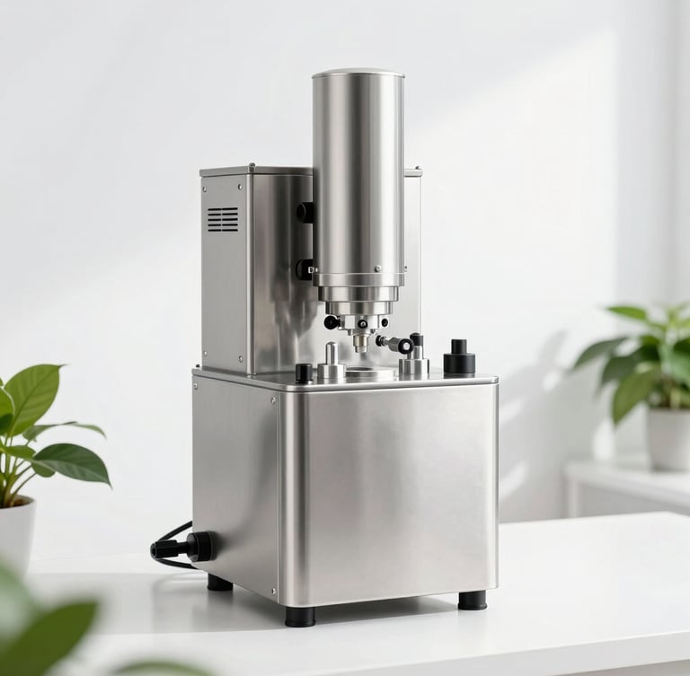 Crisp editorial product photography of a modern, clinical manufacturing line, stainless steel equipment, clean white background, botanical green accents, 50mm