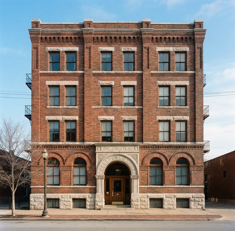 Straight-on architectural elevation of a historic St. Louis brick building, crisp morning daylight, muted earth tones, sharp focus, 35mm lens
