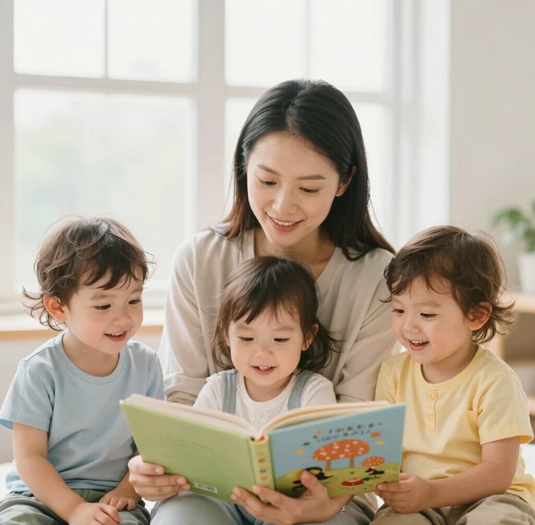 Eye-level medium shot of a warm-hearted teacher reading a picture book to three happy toddlers, bright natural soft window light, gentle pastel tones, 35mm lens