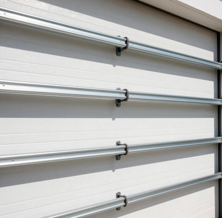 Close-up of heavy-duty steel garage door springs and powder-coated tracks, bright Florida sunlight, high-contrast crisp architectural photography