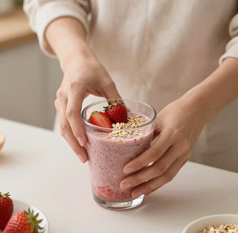 Close-up of a mother's hands gently preparing a colorful smoothie with fresh strawberries and oats, soft natural daylight, warm minimalist kitchen setting