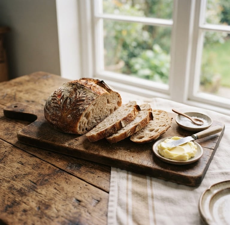 Wide panoramic shot of a beautifully plated artisanal sourdough bread with a rich crust, sliced with butter beside it, on a rustic wooden table. Soft natural window light from the right creates gentle shadows, shallow depth of field, rich earthy tones, 35mm film style.