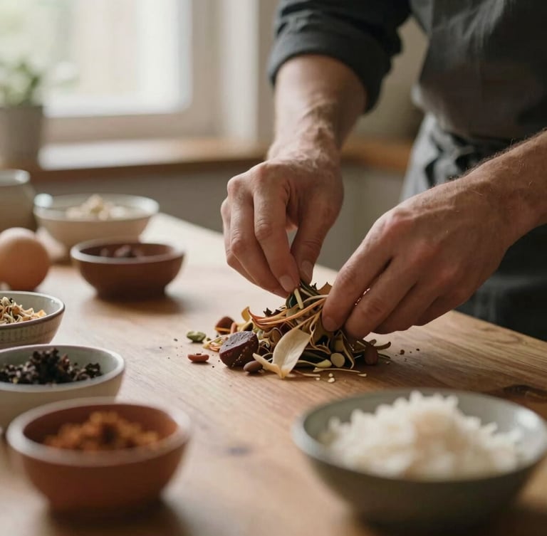 Uma fotografia editorial de close-up das mãos de um chef preparando um prato com ingredientes frescos em uma cozinha escandinava iluminada por luz natural suave, tons terrosos ricos, profundidade de campo rasa, estilo de filme 35mm.