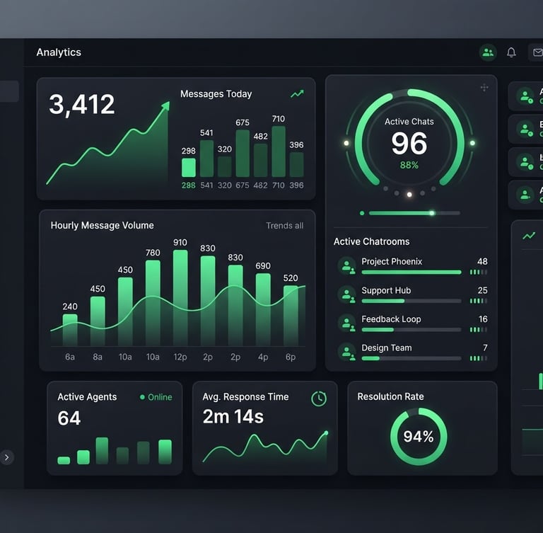 Crisp digital product rendering of a sleek dark mode dashboard showing message volume metrics and active chat counters, vibrant green accents, sharp focus