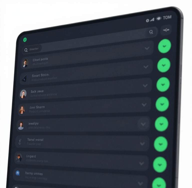 Crisp digital product rendering of a dark mode shared team inbox interface, structured chat columns, assignment dropdowns, vibrant green active indicators, sharp focus