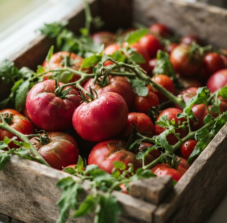 A close-up of fresh heirloom tomatoes in a wooden crate, soft natural Scandinavian daylight, rich green vines and deep crimson skins, shallow depth of field