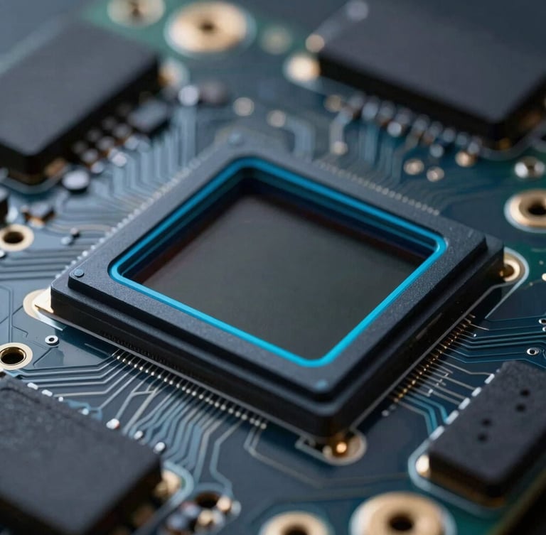 Sleek macro shot of a camera optical sensor integrated on a circuit board, cool-toned studio lighting, deep charcoal and cyan accents, sharp technical focus