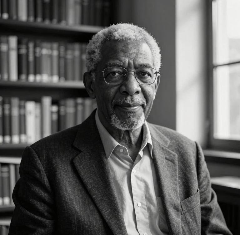 Dignified black-and-white portrait of a senior male professor in a natural study setting, soft directional window light with deep natural shadows, bookshelves in the soft-focus background.