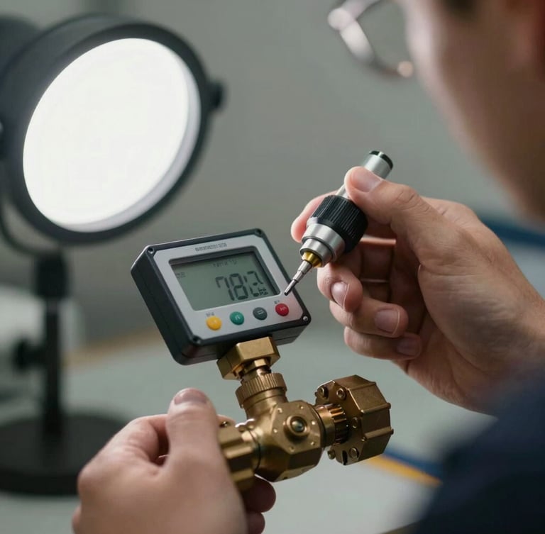 Close-up of a technician calibrating a bronze pressure valve with a digital acoustic sensor, high-contrast utility light