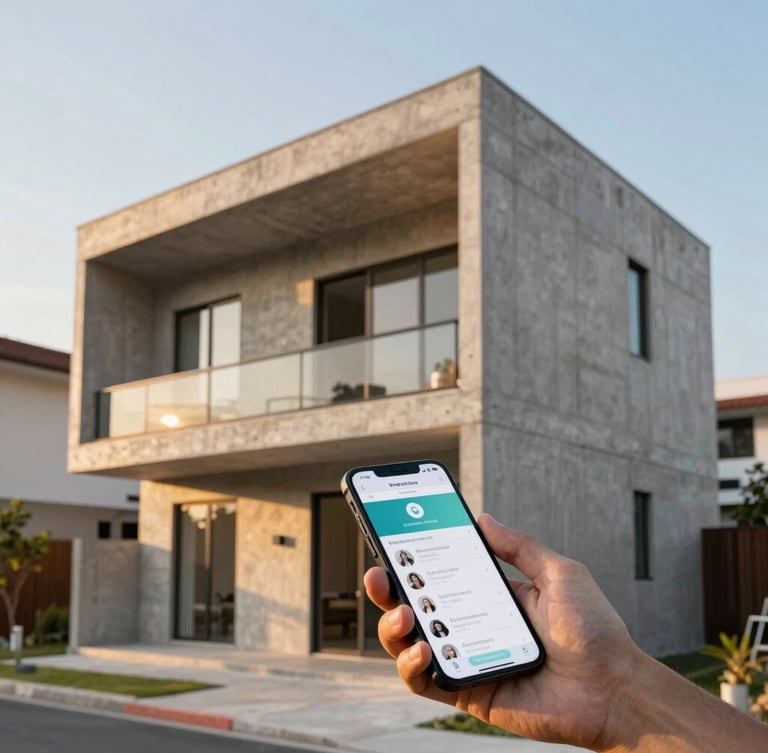 Architect on-site reviewing a digital progress tracking app on a smartphone, modern Indonesian residential concrete structure under soft golden hour light, clean composition, 35mm lens