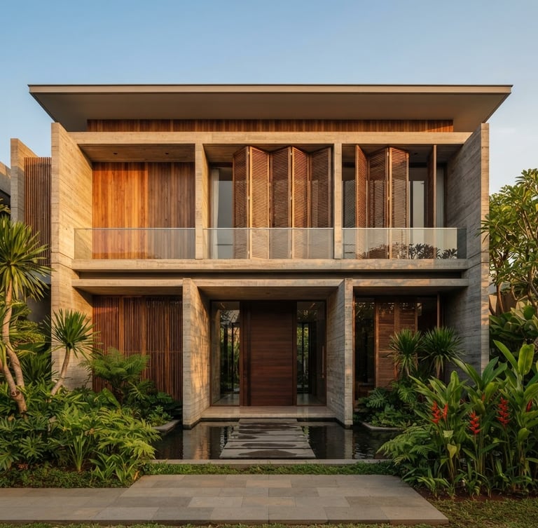 Symmetrical straight-on architectural elevation of a concrete and teak modern luxury villa in Jakarta, bright natural daylight, 35mm lens, editorial architectural photography