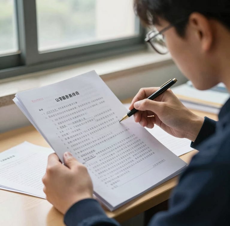 A focused graduate student analyzing civil service exam papers under bright natural window light, scholarly atmosphere, close-up details of handwritten essay drafts, premium academic feel.