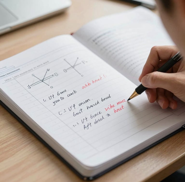 A close-up of a student's handwritten physics error-log notebook, with neat annotations and teacher's corrections in red ink, bright natural desk light.
