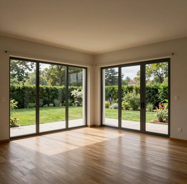 Elegáns budai villa belső tere délelőtti napfényben, tiszta fa felületek, háttérben rendezett zöld kert látszik a hatalmas ablakon át, tágas és rendezett elrendezés.