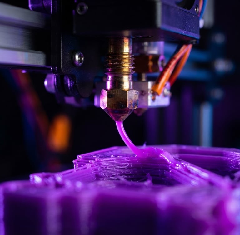 Vibrant macro shot of a 3D printer nozzle extruding bright purple PLA filament, neon rim lighting, high-contrast studio setup