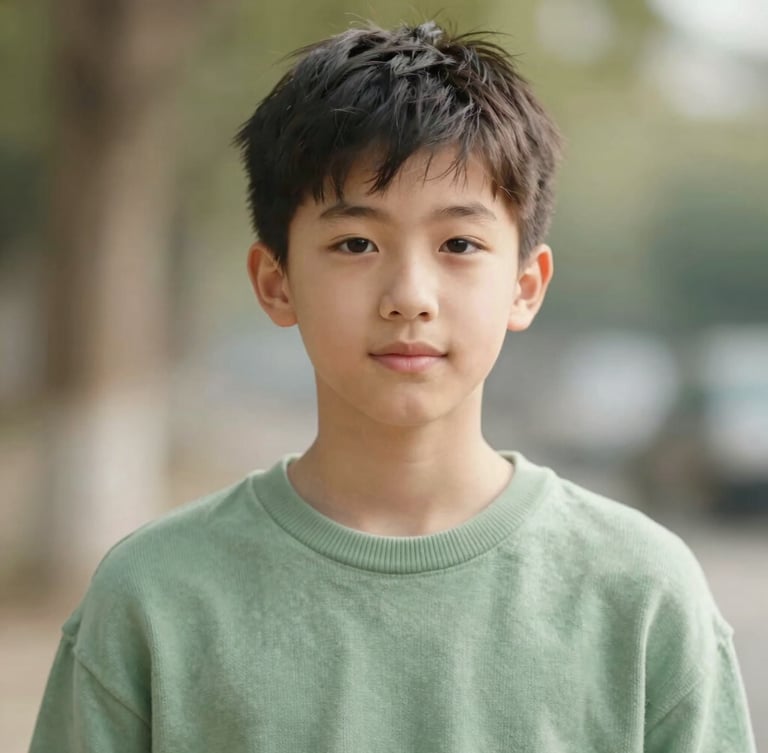 A high-quality portrait of a thoughtful young teenager in a soft green sweater, looking forward with a gentle, confident expression, natural daylight, soft focus background