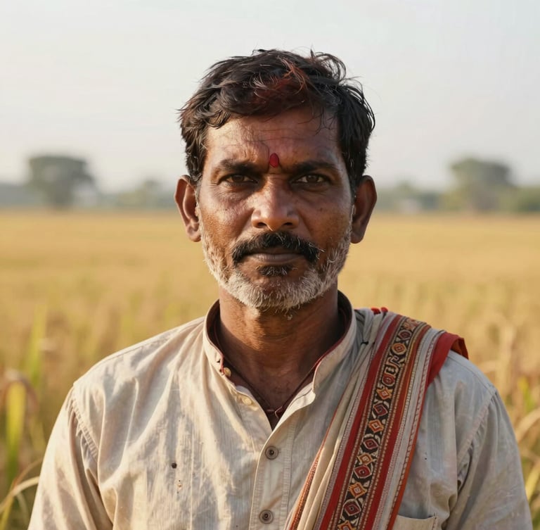 Dignified portrait of an Indian farmer looking directly into the lens, sun-drenched field in the background, warm morning light