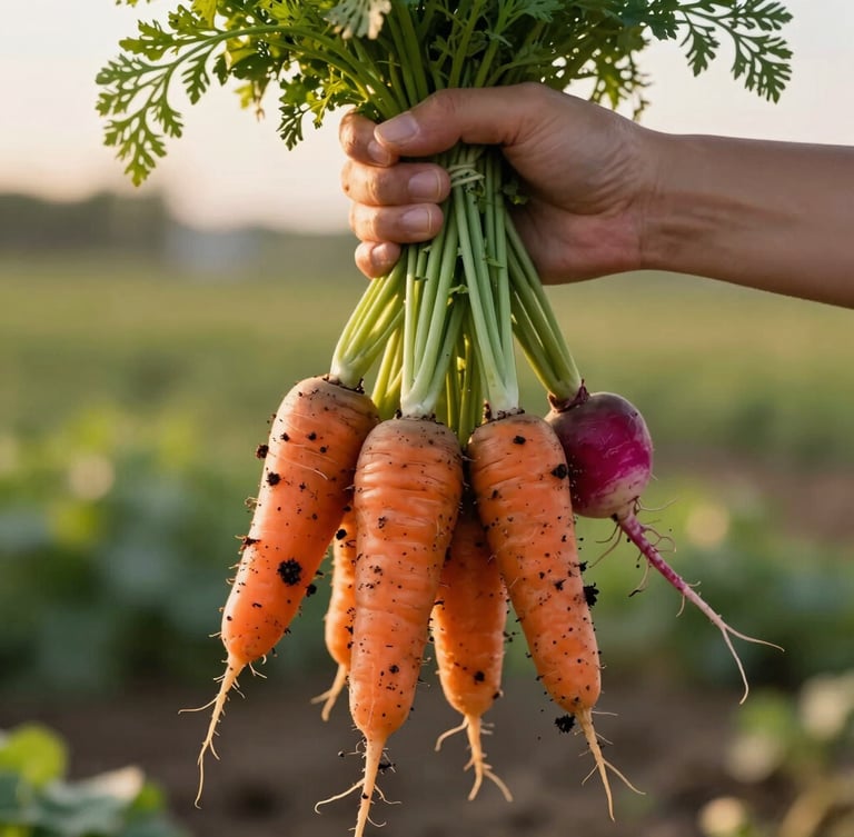 A close-up, vertical shot of hands holding a fresh, unwashed bunch of heirloom carrots and radishes with rich dark soil clinging to the roots, lit by low golden-hour morning sun.