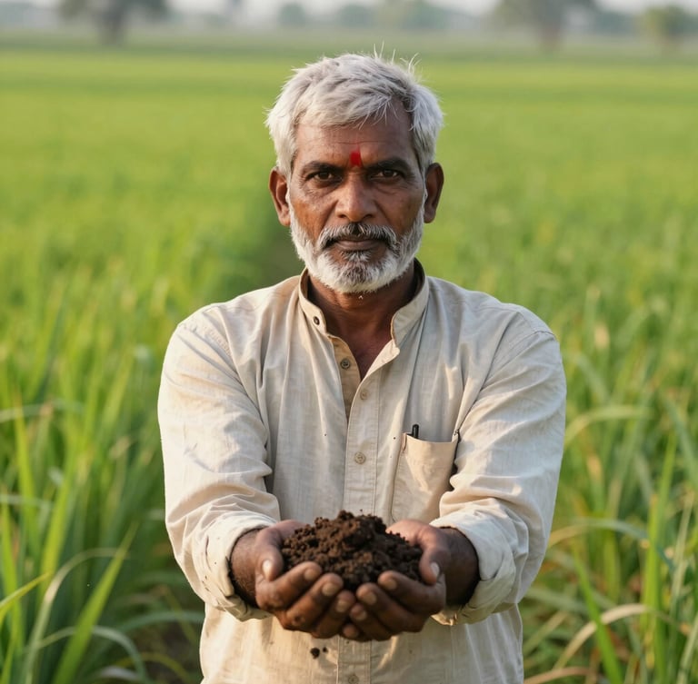 Dignified portrait of an Indian farmer standing in a lush green field, looking directly into the camera, holding a handful of dark, rich soil, morning light.