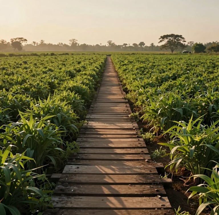 Cinematic wide shot of a multi-crop organic farm in Maharashtra at sunrise, golden light casting long shadows over lush green fields, a rustic wooden path leading into the crops
