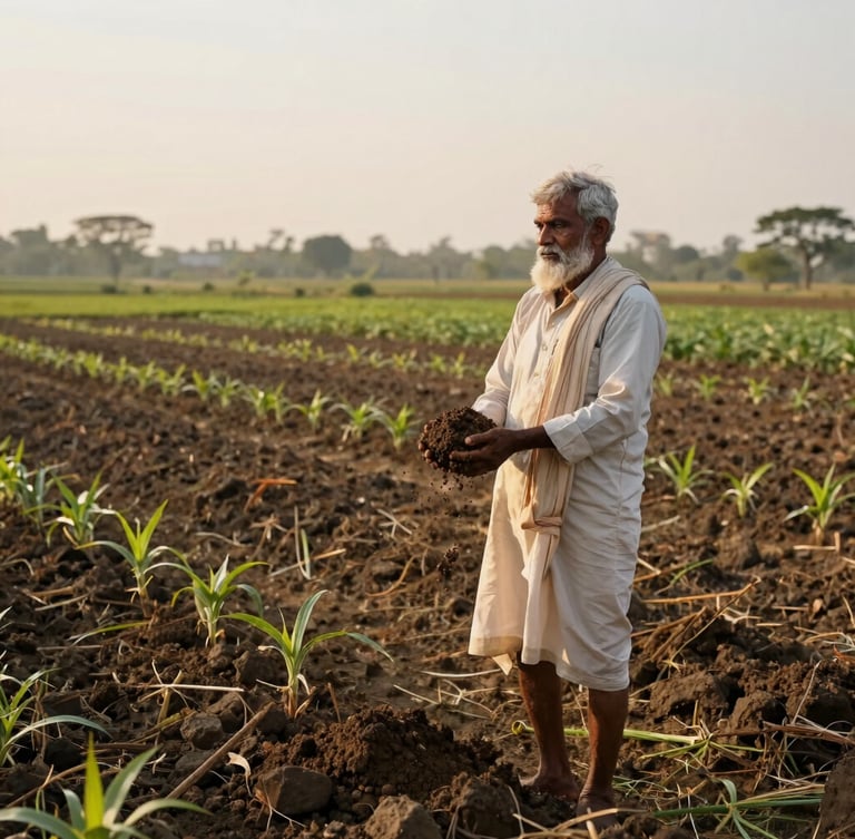 Wide panoramic shot of a sun-drenched multi-crop farm in Maharashtra at golden hour, a dignified Indian farmer standing in the field holding rich dark soil