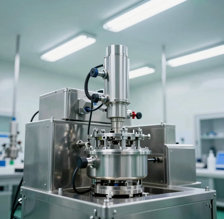 Wide environmental shot of an automated sterile fill-finish line, stainless steel machinery, bright cool fluorescent light, 35mm