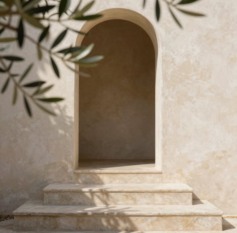 Close-up portrait of a stone staircase with exactly three steps leading to an open archway, soft warm sunlight filtering through olive leaves, minimalist architectural composition.