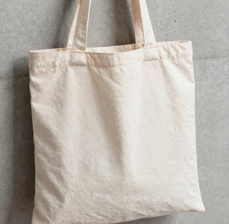 Close-up of a high-quality organic cotton tote bag with a minimalist screen-printed graphic, natural daylight, sharp focus, neutral concrete background.