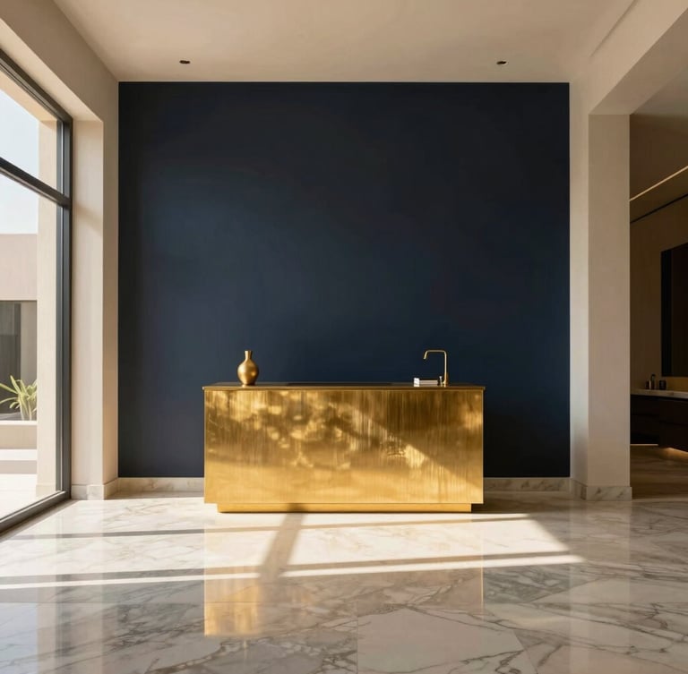 Minimalist luxury villa interior in Riyadh, sun-drenched marble floors, brushed gold fixtures, soft natural shadows, editorial architectural photography