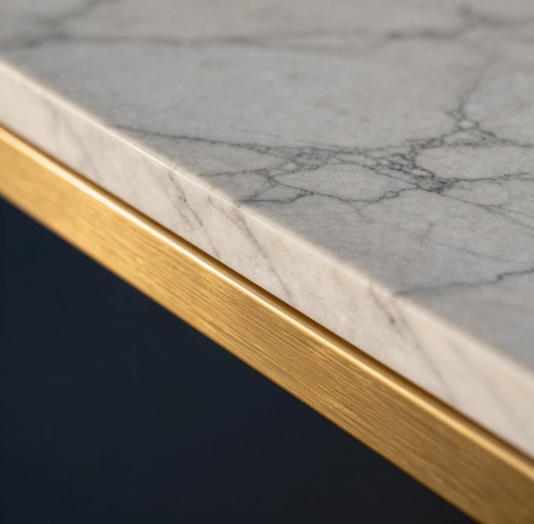 Tight abstract shot of premium architectural materials, white Arabescato marble meeting brushed brass trim, dramatic side lighting